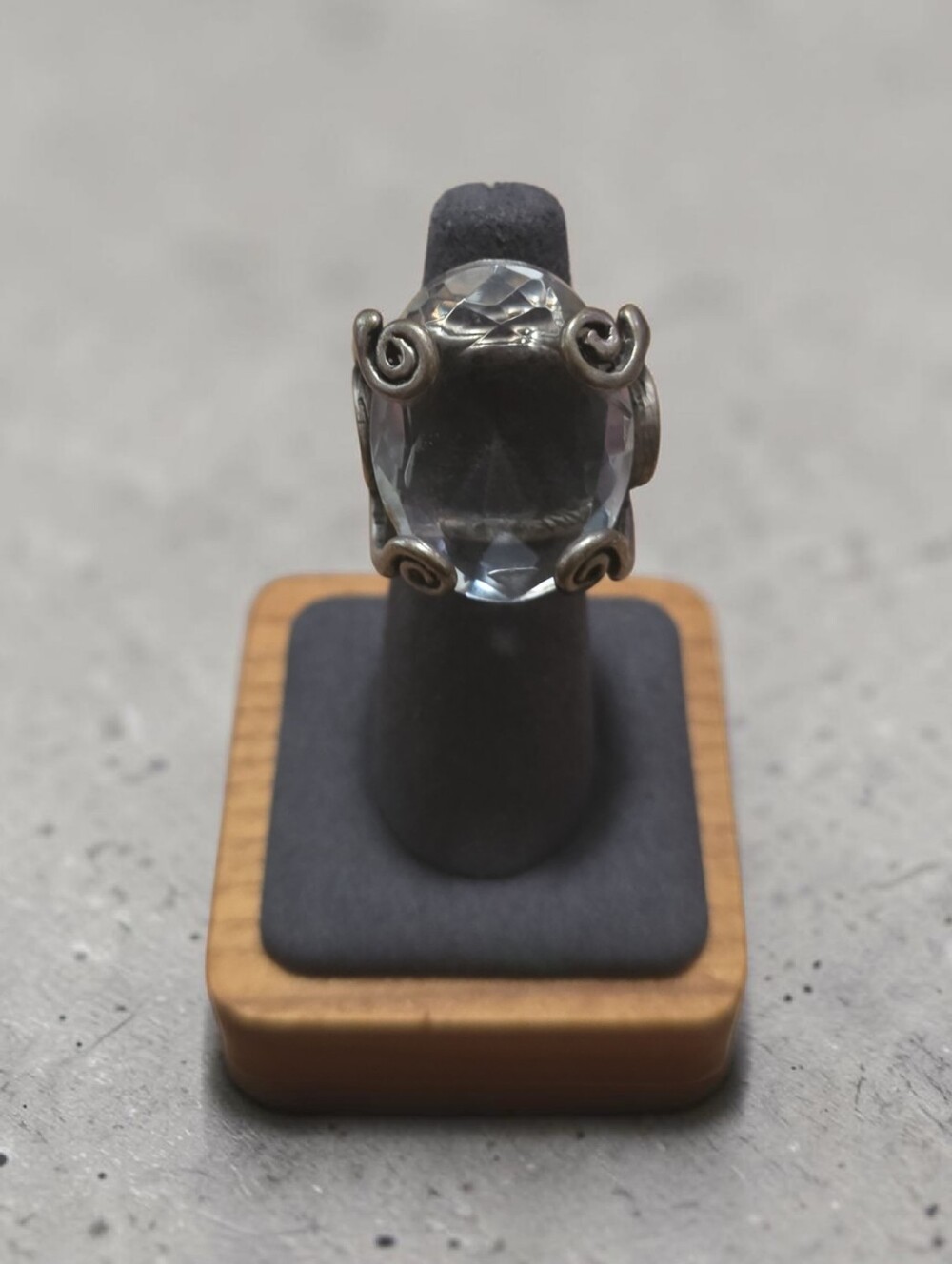 VINTAGE BRASS Clear Crystal Statement Ring with Silver Scroll Prongs - Picture 1 of 3
